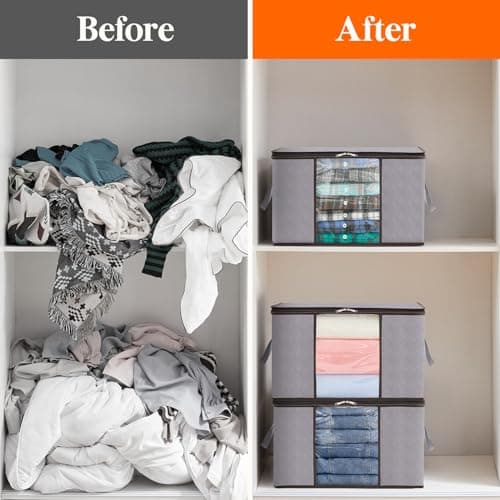 Lifewit 50L Clothes Storage Bags Large Storage Box With Lid Packing Boxes for Moving House With Reinforced Handle Thick Fabric Clear Window for Clothes Duvet Blankets Bedding, 3 Pack, Light Grey — view 4