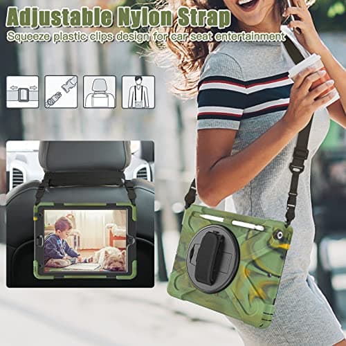 UFinetech iPad 9th Generation Case, iPad 10.2 2019 Case, iPad Case 7th/8th, 360 Rotate Stand Hand Strap Shoulder Strap Pencil Holder, Drop-Proof Protective Kids iPad Case 2021/2020/2019, Camouflage — view 3