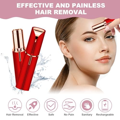 URAQT Facial Hair Remover for Women, Painless Face Hair Trimmer, Rechargeable Mini Epilator Lady Shaver Portable Electric Razor for Lips Face Body Peach Fuzz, Bright Red — view 2