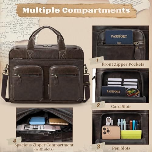 RAINSMORE Messenger Bags for Men Vintage Briefcase PU Leather Laptop Bag 15.6 Inch Satchel Bag for Work Business Office College Trip School Black/Brown/Dark Brown Coffee — view 3