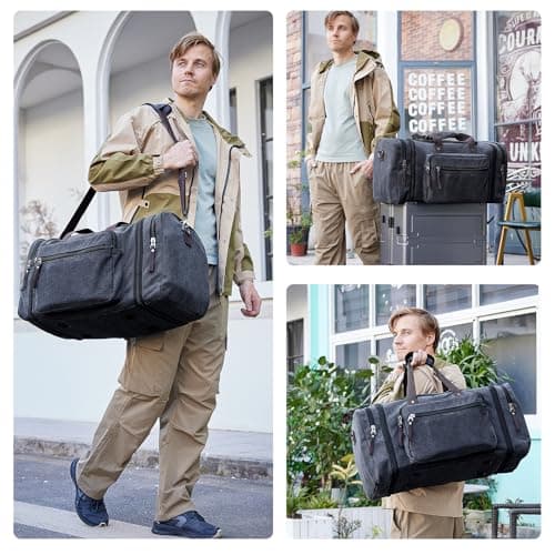 EKOROMIER 55L Canvas Travel Duffel Bag for Men – Expandable Weekender Holdall – Cabin Size Overnight Bag for Gym, Carry-On or Short Trips – Dark Grey — view 3
