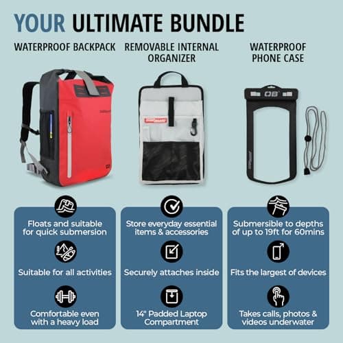 OverBoard Red Explorer Waterproof Backpack 30L Bundle | Roll Top Floating Dry Bag for Kayaking, Beach, Boating, Hiking, Rafting | Includes Waterproof Phone Case and Backpack Organiser (Red, 30 Litre) — view 2