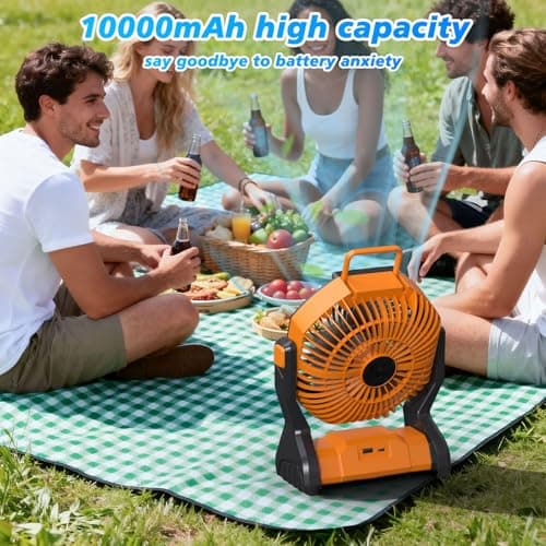 Aishkimo Portable Camping Fan with LED Light, 10000mAh Rechargeable Tent Fan with Hanging Hook, 4-Speed Adjustable Outdoor Fan for Picnic, BBQ, Fishing, Travel - Orange — view 6
