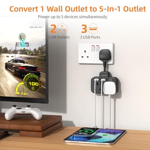 Double Plug Adaptor with USB, 2 Way Wall Adapter with Short Extension Lead, Multi Plug Socket Extender For Home Office (Black) — view 2