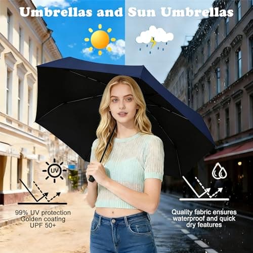 Navy Blue Mini Folding Umbrella, Lightweight Compact Pocket Umbrella, UPF50+ UV Sun & Rain Protection, 6 Rib Sturdy Windproof Waterproof Travel Umbrella with Case, Small Umbrella for Men and Women — view 3