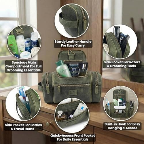 LEATHER VILLAGE Large Leather Toiletry Bag for Men, Hanging Dopp Kit, Olive, 12''x5.5''x5.5'', Vintage Leather Toiletry Bag — view 3