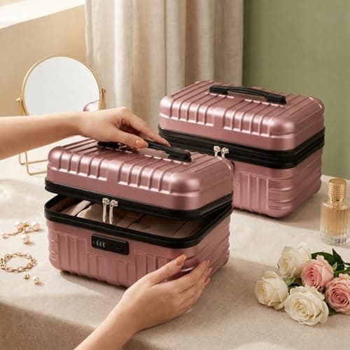 FERNVALE 2-Pack Travel Suitcase Cosmetic Box Lightweight Portable Makeup Case Retro Hand Luggage Organizer Small Carry On Boarding Travel Case with Password Lock for Business Trip Vacation Rose Gold — view 6