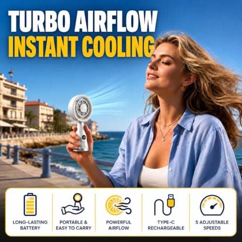 Handheld Fan Rechargeable, 5-Speed Portable Mini Desk Fan with LED Light — view 4