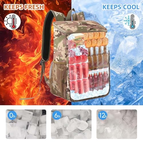 Bagtopia Camping Cooler Backpack 25 Cans, Leak Proof Soft Insulated Compartments Thermal Bag, Portable Lightweight Beach Travel Trip Picnic Lunch Backpack for Men and Women, Camouflage — view 6
