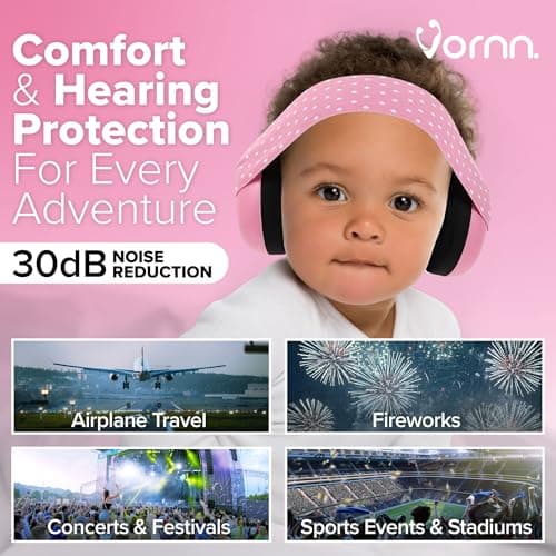VORNN Baby Ear Defenders & Infant Headphones Noise Cancelling Earmuffs for Babies and Toddlers 0-36 Months in Pink | CE & UKCA Certified for Hearing Protection, Comfortable Fit & Safe Sleep — view 3