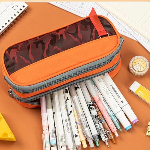 RubyTint Portable Large Capacity Pencil Case – 3-Compartment Fabric Stationery Organizer for School, Office & Travel, Camouflage Pen Bag for Boys & Girls (Orange) — view 2