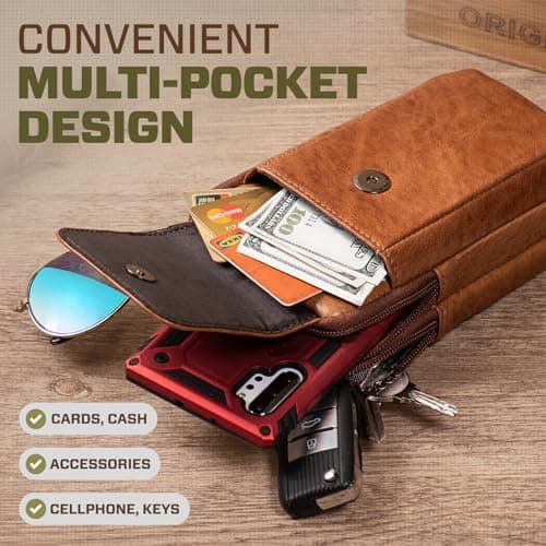 Hengwin Multifunctional Genuine Leather Double Zip Bags Men Vintage Look Shoulder Bag Mobile Phone Belt Bag Phone Holster for Travel, Outdoor Activities (Brown) — view 3