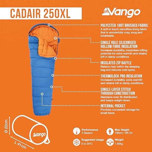 Cadair 250 Sleeping Bag for Adults (Amazon Exclusive), 3 Season Mummy Design Holds Insulation, Breathable, Cosy Lining Fabric, Smaller Pack Size for Camping Trips, Backpacking, Hiking, Atlantic Blue — view 2