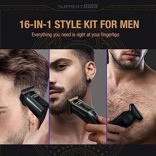 SUPRENT Beard Trimmer for Men - 16 Piece Beard Grooming Kit with Nose Trimmer, Hair Clippers Cordless Electric Shaver for Men Face Body, Fully Washable- Mens Gifts (Black) — view 2