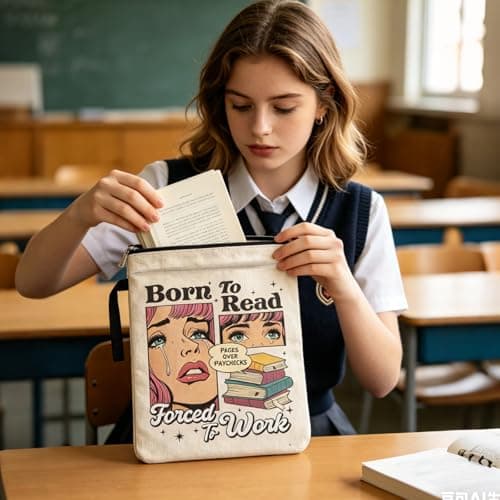 Funny Book Lover Gift Book Cover, "Born to Read Forced to Work" Book Sleeve Pouch, Polyester Book Bags for Women with Lanyard, — view 3