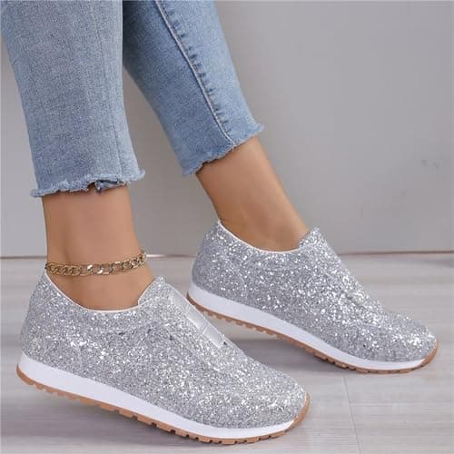 Sequin Shoes for Women Womens Glitter Slip On Trainers Breathable Silver — view 3