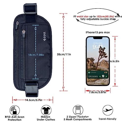 EGOO - Ultralight RFID Money Belt with Adjustable Elastic Strap for Travel Hidden Security Waist Money Pouch with Multi-Pocket + 3 RFID Card Protector Sleeve (Black) — view 5