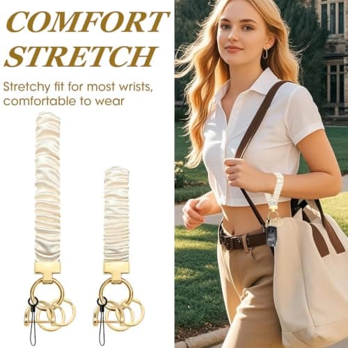 AJEFF Wristlet Keychain for Women, Scrunchie Lanyard Key Strap with D Ring, Stretchy Wristlet, Removable Key Holder Keyring, Phone Charm Tether Tab, Beige — view 5