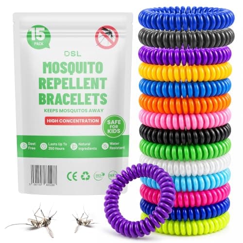 DSL Mosquito Repellent Bands 15 Pack - Mosquito Repellent Bracelet Deet-Free - Mosquito Bands for Adults & Kids - 300 Hours Waterproof Protection for Travel & Holidays, Camping Essentials