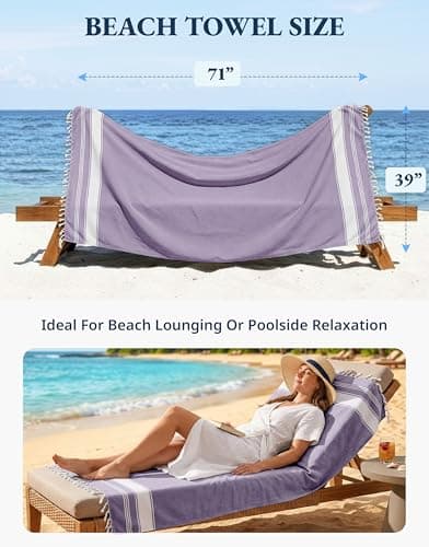 LANE LINEN Large Pool Towels, Cotton Rich XL Beach Towel 2 Pack, Pre-Washed, No Shrink, Quick Dry Oversized Beach Towels, Stylish Beach Towel For Women, Sand Free Towel, 39"x71" - Regal Orchid — view 4