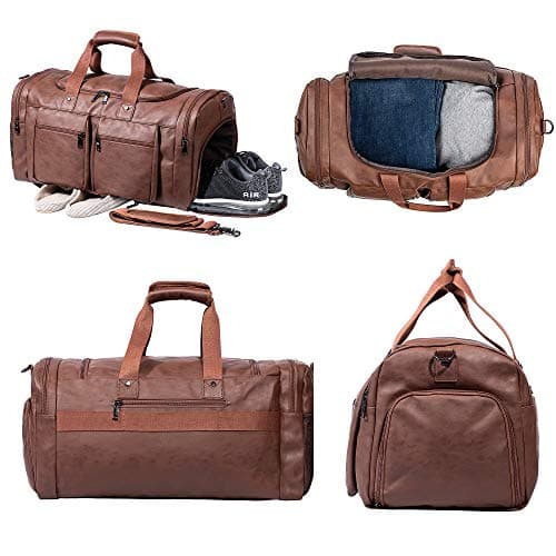Weekender Bag with Shoe Compartment, Waterproof Pu Leather Overnight Bag Weekender Bag Mens Travel Duffle Bag Large Carry on Bag Travel Tote Duffel Bag for Men or Women-Brown — view 2