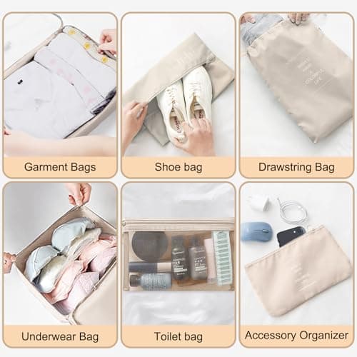 Packing Cubes for Suitcases, 10 pcs Travel Organiser Packing Bags for Clothes Shoes Toiletries Travel Luggage Organizers Storage Bags-Beige — view 4