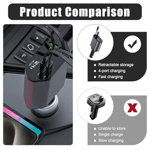 Retractable Car Charger, 4-in-1 Car Phone Charger 120W Fast Charge with 2 Retractable Cables and 2 USB Ports, Multi-Device Car Phone Charger Adapter for Cars, Trucks and Vans, Multifunctional — view 4