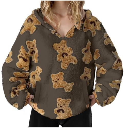 Womens Fleece Coat - Bear Fluffy Fuzzy Hoodies, Teddy Long Sleeve Sherpa Sweatshirt, Comfy Cosy Jackets, Ladies Soft Winter Warm Pullover Tops, Pockets, Oversized Outwear, Walking Travel Uk Brown L — view 2