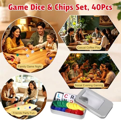 FINGOOO Left Right Centre Dice Game, 40 Chips in 4 Colours and 3 Cubes, Classic Rolling Games Kit Family Camping Party Game Night — view 5