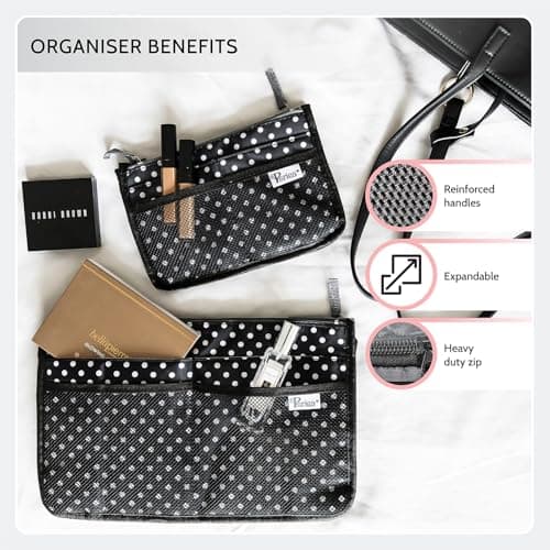 Periea 'Chelsy' Set of 3 Handbag Organiser Inserts - Women's Travel Cosmetic Bags with Zipper Closure - Expandable Liner Pouches (Small, Medium and Large) - Black with Neon Coral Zip — view 6