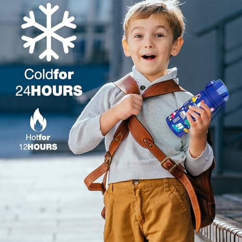 GOPPUS 420ml/14oz Kids Insulated Water Bottle with Straw Double Wall Stainless Steel Child's Small Flask Vacuum Metal Leak Proof Drink Flask Boys Toddler Girls BPA-Free (Blue Construction Vehicle) — view 5