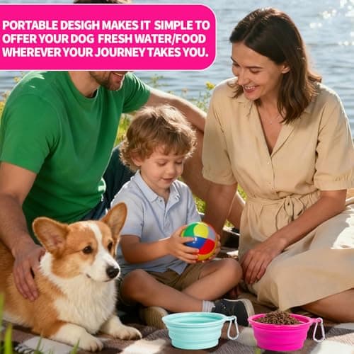SLSON Collapsible Dog Bowl, 2 Pack Macaron Color Foldable Travel Dog Feeder Bowl Portable Silicone Pet Food Water Dish for Dogs Cats Camping Hiking (Macaron Bright Pink and Bright Green) — view 5