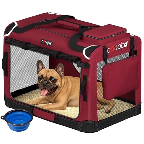 CADOCA Dog Crate Carrier, Car Foldable Travel Cage + Bowl, M Dark Red