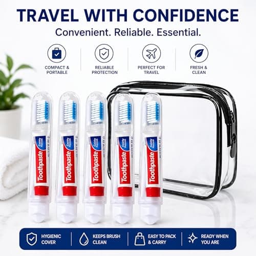 Travel Toothbrush Set of 5 with Mini Toothpaste & Clear Waterproof PVC Bag – Portable Compact Toothbrush Kit for Travel, Holidays, Camping, Business Trips, Gym, Overnight Stays & Family Use — view 5
