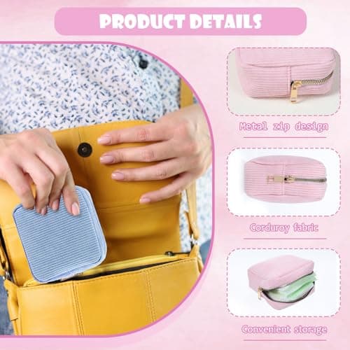 JIEYAO Corduroy Sanitary Napkin Storage Bag, Portable Period Bag for Teen Girls, Cute Period Pouch Soft Menstrual Cup Pouch Menstruation First Pad Bag Tampon Holder for Women (Pink) — view 2