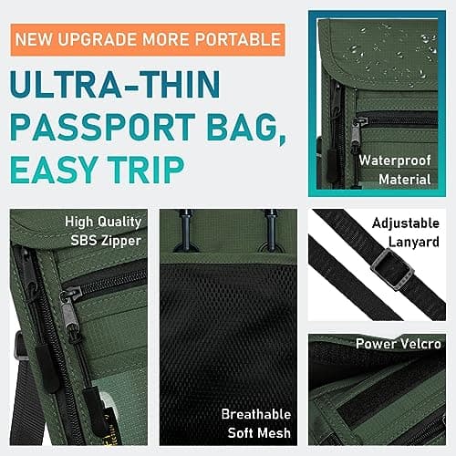 sundee Travel Neck Wallet with Double Zippers, RFID Blocking Passport Holder with Adjustable Neck Strap for Men and Women to Keep Cash, Credit Cards and Travel Documents Safe, Olive Green, Small, — view 3