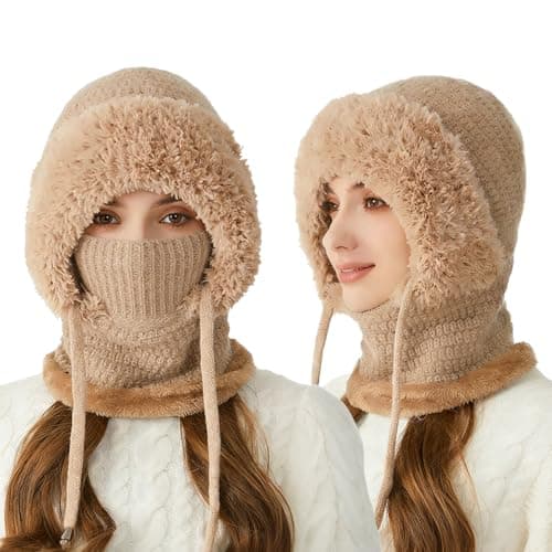 Qoibraze 3 in 1 Beanie Hat for Women Winter Warm Knitted Cap with Neck Warmer Windproof Ajustable Knit Hat and Scarf Set for Women Khaki