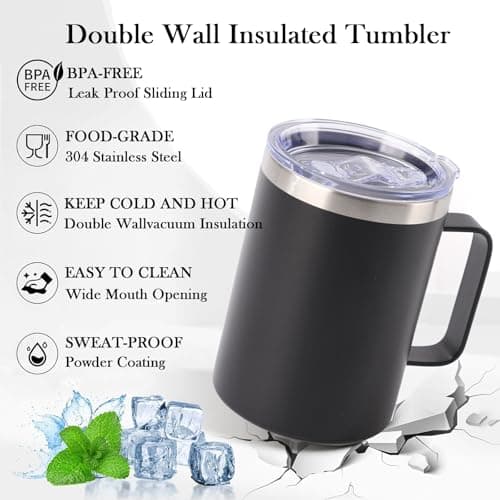 YueXing 16oz Black Insulated Coffee Mug with Handle, Leakproof Double Wall Stainless Steel Travel Mug with Sliding & Straw Lid, Dishwasher Safe for Camping Commuting Hot Cold Drinks (Black) — view 3