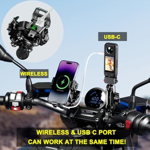 iMESTOU Motorcycle Phone Mount with Wireless Charger 15W & USB-C Port 36W, Shock Absorption 1" Ball Mount Fits for 5.4"-7.2" Phones Up to 15mm Thick, Works with 12-24V Vehicles (without mounting base) — view 3