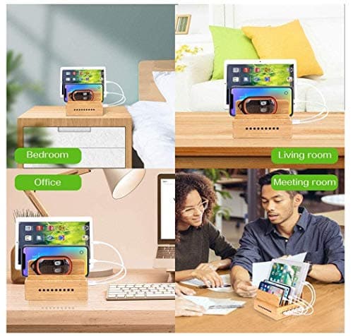 Yisen Wood 5-Port Charging Station stand Organizer for Cell Phones and Tablets (built-in charger and 5 cables) — view 5
