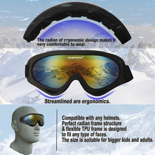 OUTDOORSPARTA 2-Pack Ski Goggles Snow Sports Goggles Snowboarding Goggles Motocycle Glasses for Men Women Youth Kids Boys Girls (7. Black Frame, Gold Lens; Black Frame, Silver Lens) — view 3