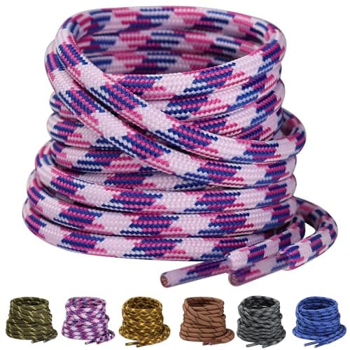 Yusimu Round Boot Laces Heavy Duty Work Hiking Lace, White/Pink/Blue, 120cm