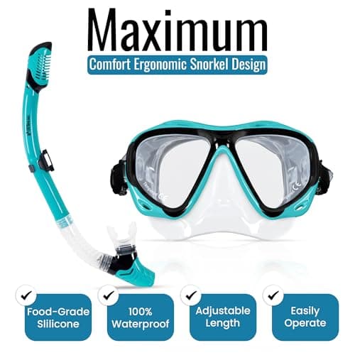 Two Bare Feet Adults Snorkel and Mask Set – Dry Top Silicone Snorkel, Anti-Fog Tempered Glass Dive Mask – Leak-Proof, Adjustable Fit for Swimming, Snorkelling & Diving Holidays (M2006S+S11S (Teal)) — view 2