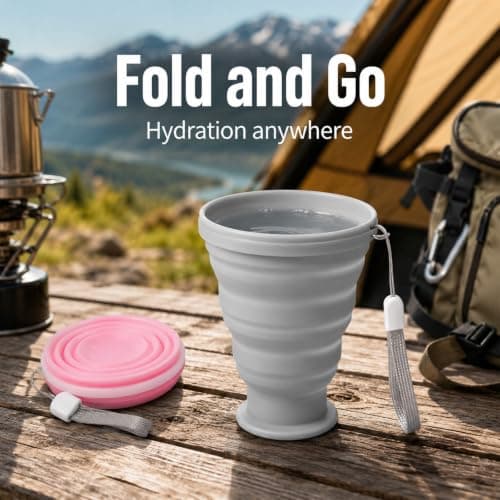 Livawnd MSLSOZ 300ml Silicone Foldable Camping Cups, 2 Pack, Pink & Grey — view 3