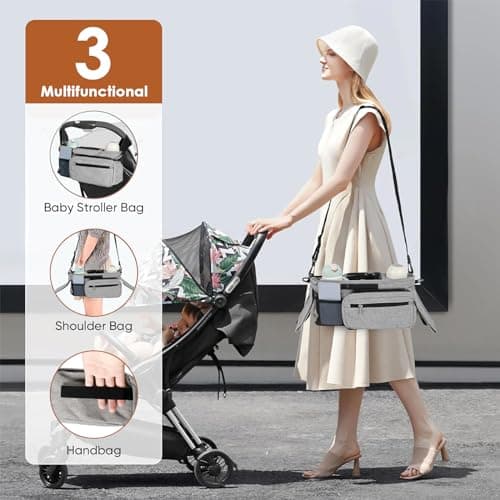 Stroller Organizer with 2 Cup Holder,Pram Bag Waterproof Oxford Infant Caddy Organizer with Detachable Pocket Adjustable Shoulder Strap Organizer Portable (Grey) — view 5