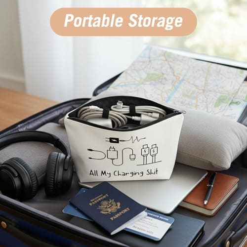 XMDROU Charging Cable Organizer Bag, Travel Pouch Make Up Bag All My Charging Stuff Travel Bags Funny Zippered Cable Storage for Women Men with 6 Silicone Cable Ties Gadget Organiser Gift — view 4