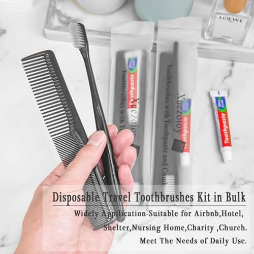 50 Pack Black Disposable Toothbrushes with Toothpaste and Comb Set,10g Toothpaste,7inch Hair Comb,Individually Wrapped Disposable Travel Hotel Toothbrush Set for Homeless,Hotel,Charity — view 5