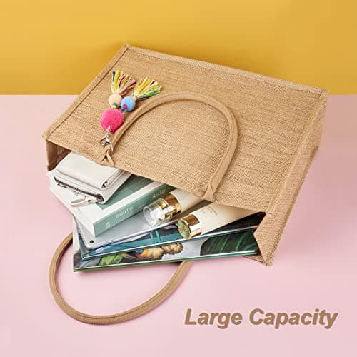 FITDON Jute Tote Bag Women, Large Jute Bag Beach Bag Foldable Waterproof Shopping Bags Handbag for Picnic Travel Shopping Beach and Everyday — view 2