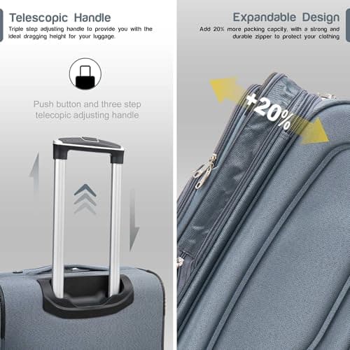 Aerostar Medium 26” Lightweight Softshell Expandable Suitcase, Integrated Combination Lock, 4 Wheels Check in Luggage for 15 to 20kg (Grey, 77 litres) — view 3