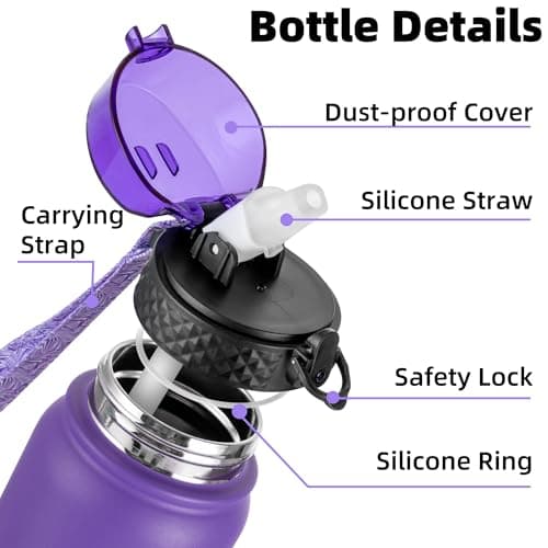 OLDLEY Stainless Steel Water Bottle with Straw 1L Vaccum Insulated Large Drink Flask Metal Water Bottles 1 Litre Leakproof Keeps Hot Cold for Sports Gym Camping Adult Women Men(Purple Rose, 1 Lid) — view 2
